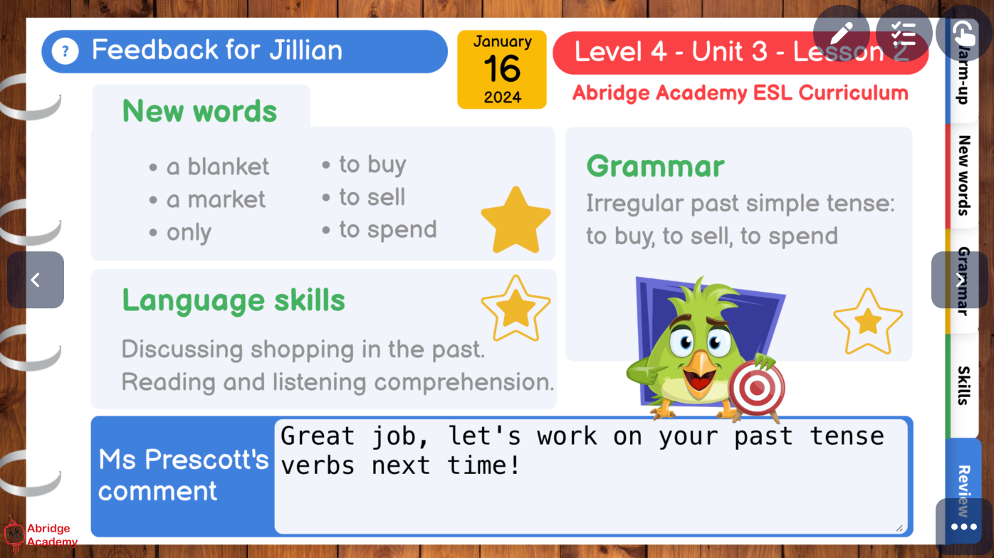 Abridge Academy automated lesson feedback template